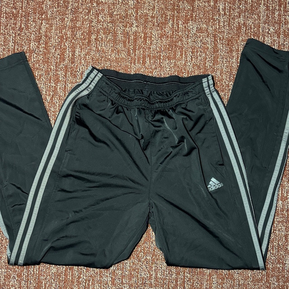 Adidas Black Joggers with Gray Stripes large ankle zip elastic waist track pants